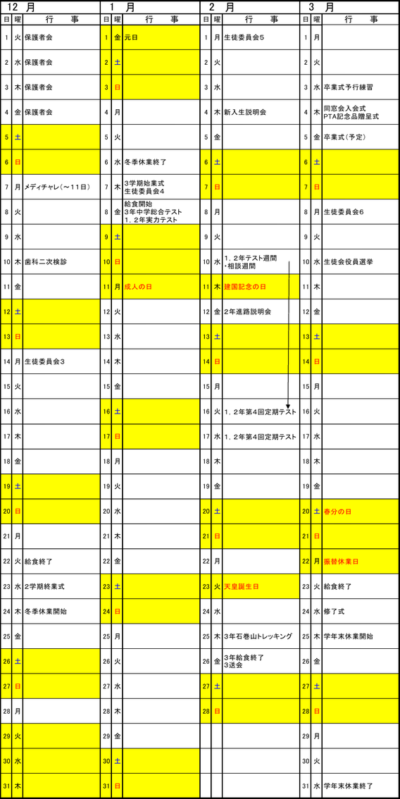 石巻中学校の令和8年度年間行事予定（12月〜3月）。第4回定期テスト、公立高校入試、卒業式、合格発表、修了式などを掲載
