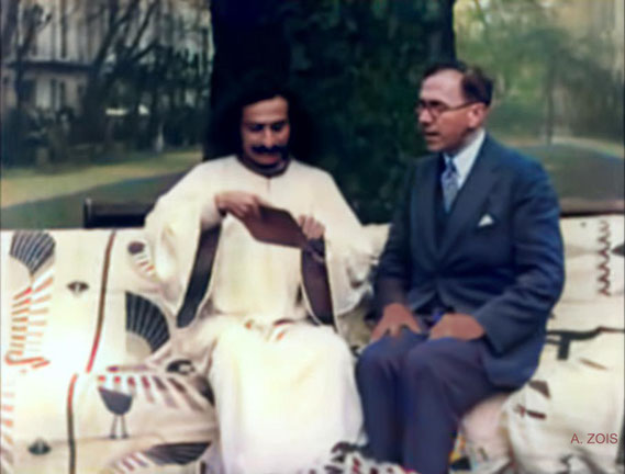 1932 : Meher Baba made his famous film interview for Paramount News in the garden at Russell Road with Charles Purdom. Image colourized by Anthony Zois.