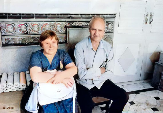 Clarice sitting with Dr. O'Brien at Guruprasad, Poona, India in 1962. Image rendition by Anthony Zois.