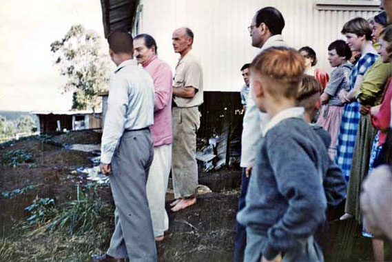 1958 - Meher Baba's visit to Avatar's Abode, Queensland, Australia. Cynthia is wearing a blue check dress.