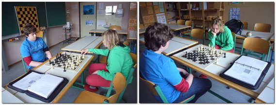 Anstatt am Demobrett Theorie zu lernen, durften die beiden anwesenden Schüler gleich 1 Stunde gegeneinander spielen. Bei krassen Fehlzügen schritt natürlch Franz Wildegger ein und klärte auf.