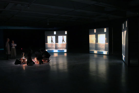 When Her Eyes Lifted, 2000/2016 16mm film loop, 3 modified projectors, motor, sensors, Steenbeck parts, amplifier, carpet, midi-controller, screens dimensions variable