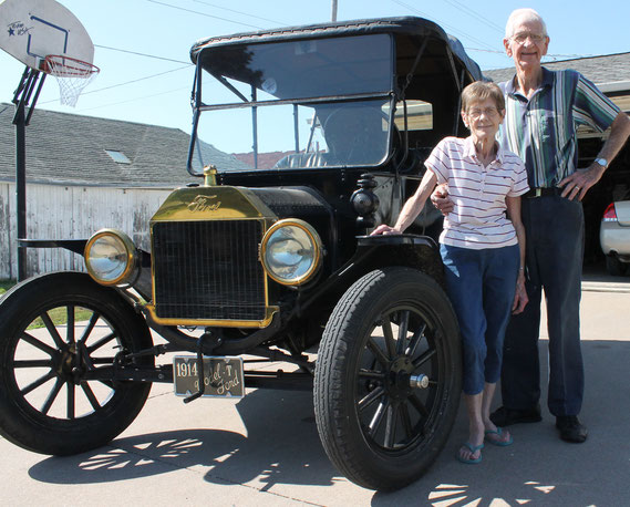 Don and Dorothy Michels of Bellevue pose for a photo with their classic 1914 Model-T Ford.
