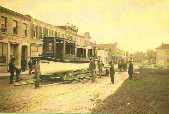 The Prentiss, one of the biggest and perhaps the fanciest boat built at the former Iowa Marine and Launch Works in Bellevue was photographed here on front street prior to launch in the Mississippi River in 1915. (photos courtesy of the Brandt historical c