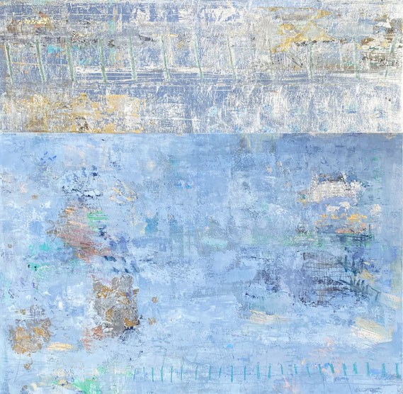 Takefumi Hori, "Silver and Color No. 75," 2022, acrylic, gold leaf, white-gold leaf, and metal leaf on canvas, 48 x 48 inches - SOLD