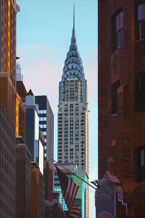 Andrew Woodward, "Chrysler at Dusk," 2019, acrylic on canvas, 36 x 24 inches, $6,400