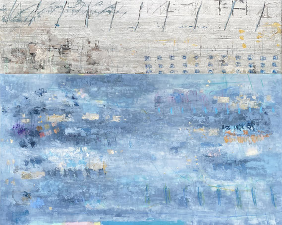 Takefumi Hori, "Silver and Color 50," 2021, acrylic, gold leaf, white-gold leaf, and metal leaf on canvas, 48 x 60 inches, $13,800