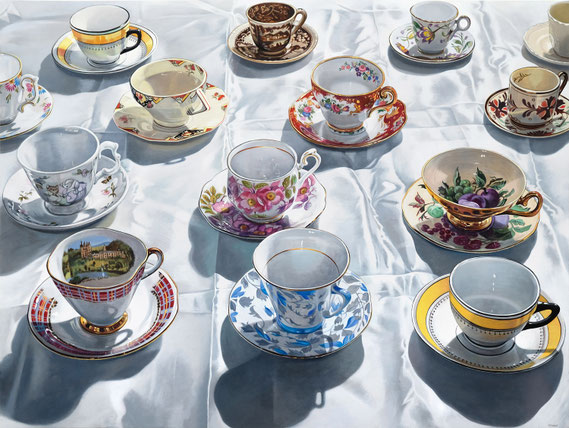 Sherrie Wolf, "Teacups on Satin," 2019, oil on linen, 36 x 48 inches - SOLD