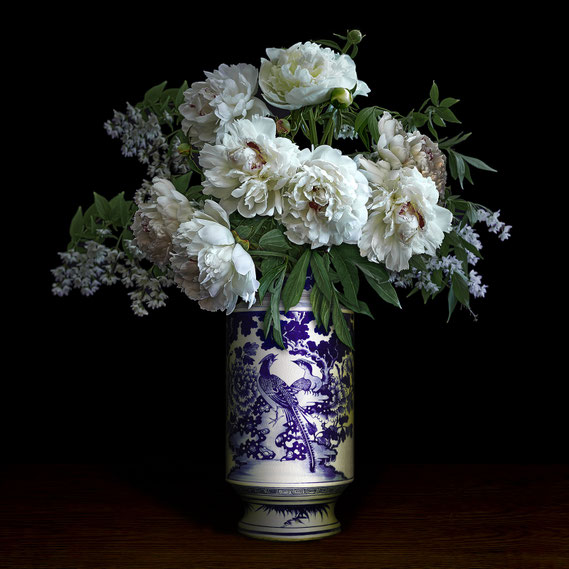 T.M. Glass, "Peonies in a White and Blue Chinese Peacock Vase," archival pigment print on hand-made Italian rag paper, 52 x 52 inches (also available in 30 x 30", 42 x 42"; 58 x 58"), contact for price