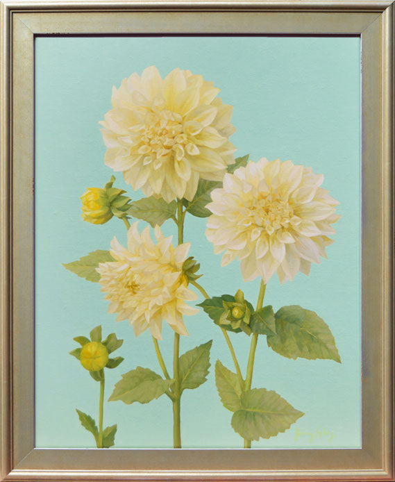 Jenny Kelley, "White Dahlias with Aqua," 2021, oil on linen over panel, 20 x 16 inches, $3,400