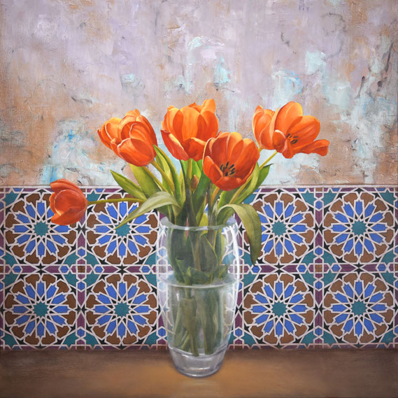 Scott Duce, "Azulejos Tulips," 2020, oil on panel, 20 x 20 inches, $5,000