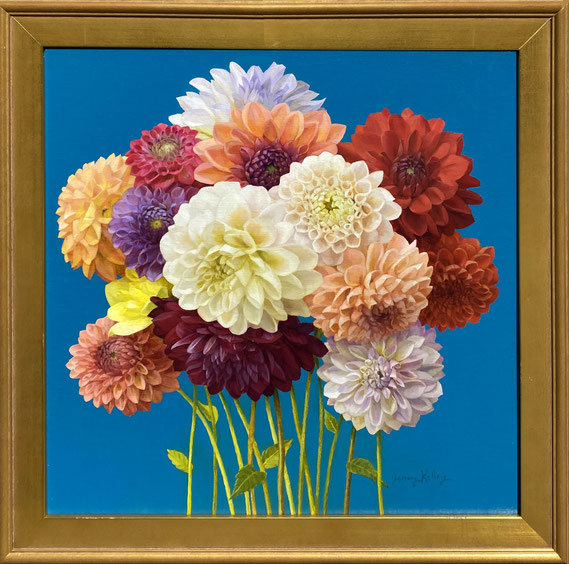 Jenny Kelley, "Dahlias Rainbow," 2021, oil on linen over panel, 16 x 16 inches, $3,200