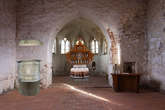 Kirche Langenhanshagen, Fotomontage zur Aufstellung des Altars und der Kanzel