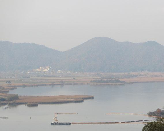 安土城本丸近くから見る西の湖　琵琶湖に通じている