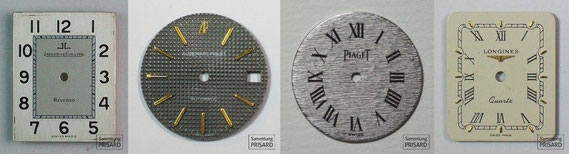 RES.20.041 Hugenottische Uhrenindustrie in der Schweiz (v.l.n.r.): Ziffernblätter der Luxusmarken Jaeger-LeCoultre, Audemars Piguet, Piaget, Longines (alle 20. Jahrhundert) / © Sammlung PRISARD