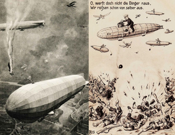 CAP.20.020/021 (v.l.n.r.): Zeppelin im Kampf mit Fliegern (Ansichtskarte, 1915) / Zeppelin im Kampf gegen Bodentruppen (Ansichtskarte, 1914) / © Sammlung BFHG