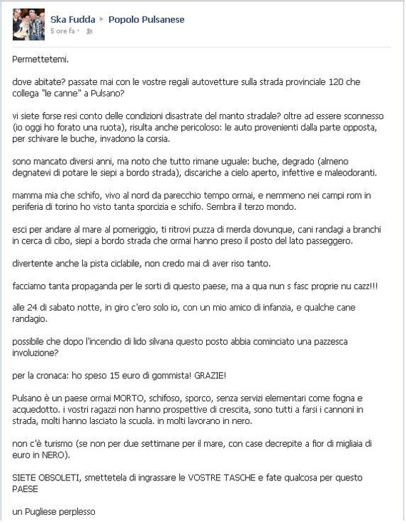 LETTERA DI UN TURISTA AI POLITICI DI PULSANO ...