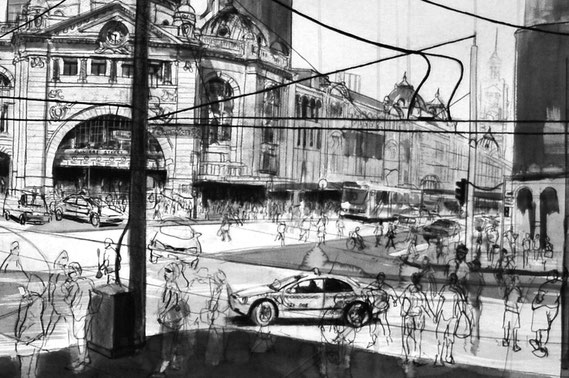 'Flinders St', Melbourne, Charcoal and ink on paper, 180 x 90cm (detail)