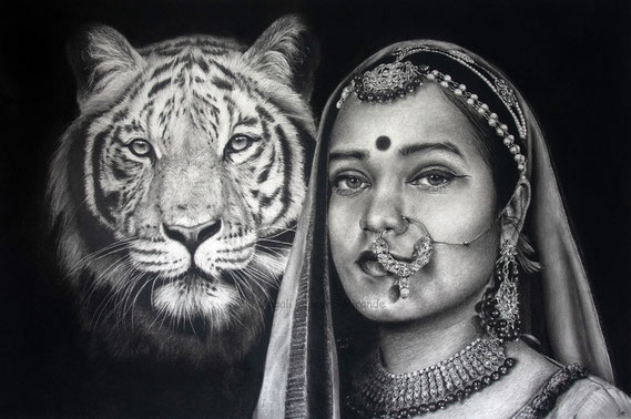 woman tiger wild spirits drawing by french pencil artist Magali Lapeyre-Mirande femme tigre esprits sauvages dessin artiste dessinatrice