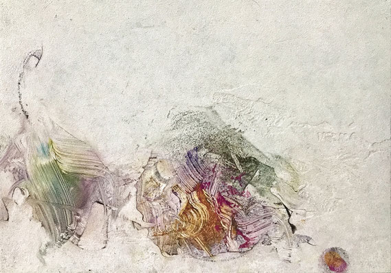 Miniatur/Blütenfall 58 2025 Kunstharz, Steinmehl, Acryl, Öl, auf Papier 14,8 x 21 cm  