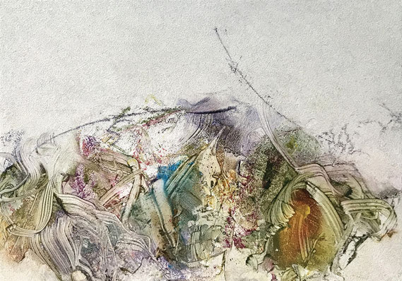 Miniatur/Blütenfall 47 2025 Kunstharz, Steinmehl, Acryl, Öl, auf Papier 14,8 x 21 cm  