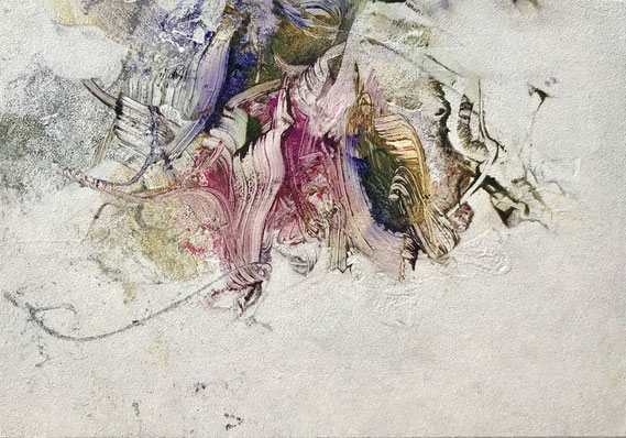 Miniatur/Blütenfall 63 2025 Kunstharz, Steinmehl, Acryl, Öl, auf Papier 14,8 x 21 cm  