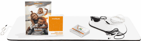 Das vita-life® MRT-System professional inklusive Magnetfeldmatte, Lokal-Applikator, Steuergerät, Stab-Applikator, Mentalbrille und Anwendungsleitfaden.