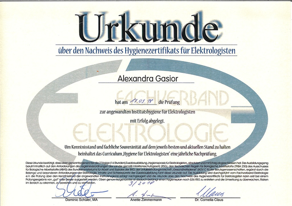 Zertifikat/Urkunde Hygieneschulung