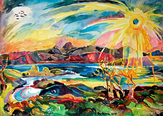 Bettina Heinen-Ayech (1937-2020): Bergmassiv der Sieben Schwestern auf der Insel Alsten von der Hütte Bettina-Bo aus gemalt, Kohlearbeit auf Papier 1962