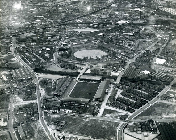 This aerial view was taken in 1975 when the area was being demolished for rebuilding. St Andrew's football ground is in the foreground with Kingston Hill recreation ground beyond. The Coventry Road is on the left of the picture, Cattell Road on the right.