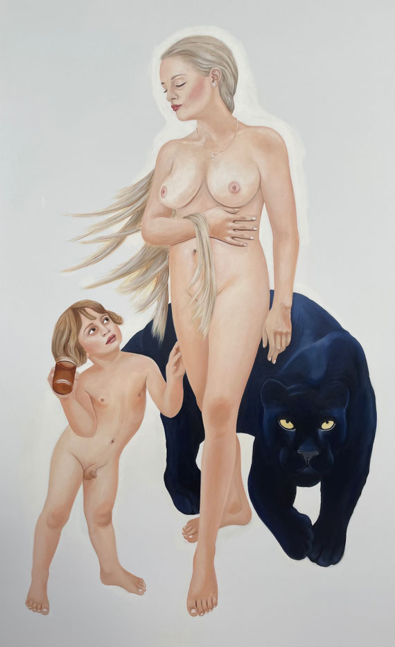 Venus with Amor as Honeythief/One, oil & canvas, 120 x 190 cm, 2020