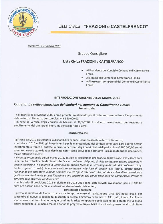 INTERROGAZIONE SUI CIMITERI