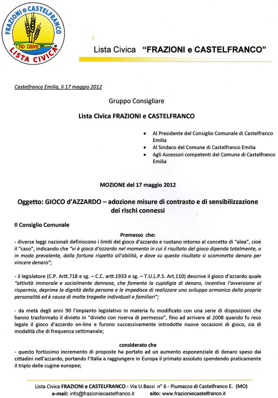 MOZIONE : GIOCO D'AZZARDO