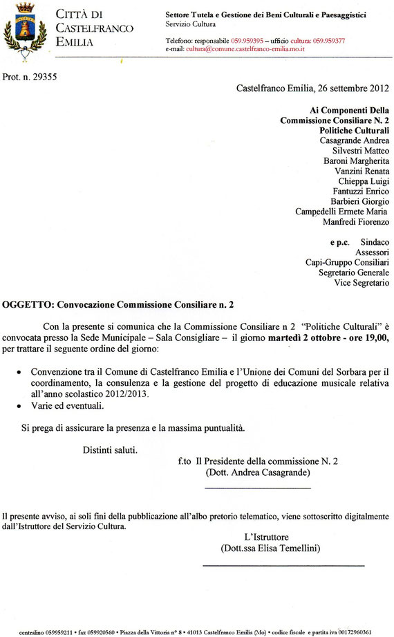 CONVOCAZIONE COMMISSIONE CONSILIALE N.2 DEL 2 OTTOBRE 2012