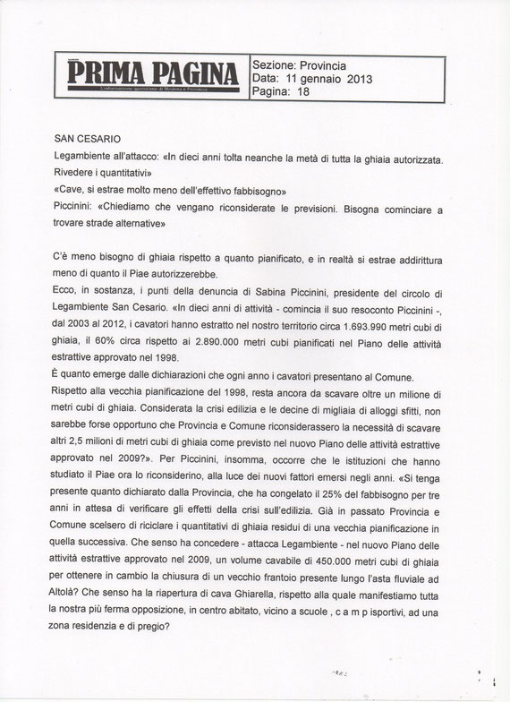 PRIMA PAGINA DEL 11 GENNAIO 2013