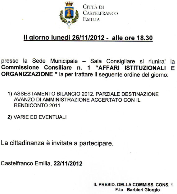 COMMISSIONE N° 1 DEL 26 NOVEMBRE 2012