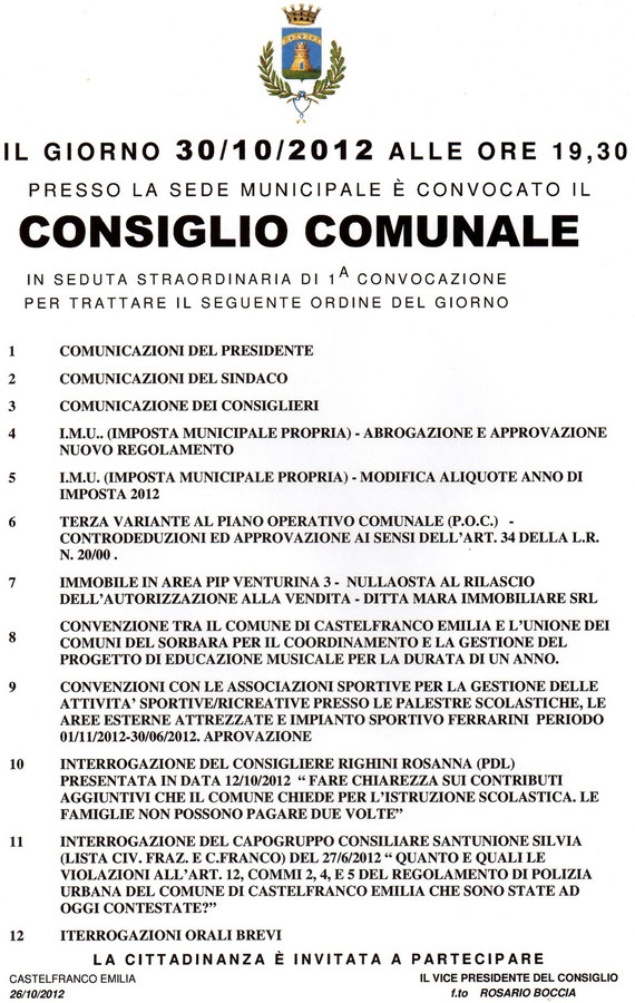 71°CONSIGLIO COMUNALE DEL 30 OTTOBRE 2012