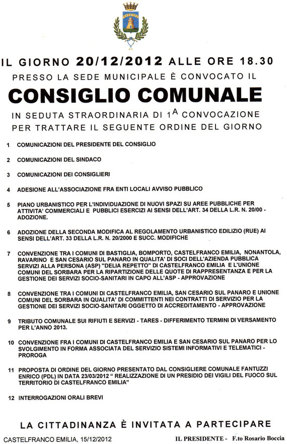 74° CONSIGLIO COMUNALE DEL 20 DICEMBRE 2012
