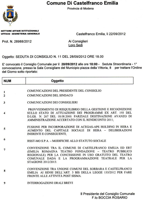 70° CONSIGLIO COMUNALE DEL 28 SETTEMBRE 2012