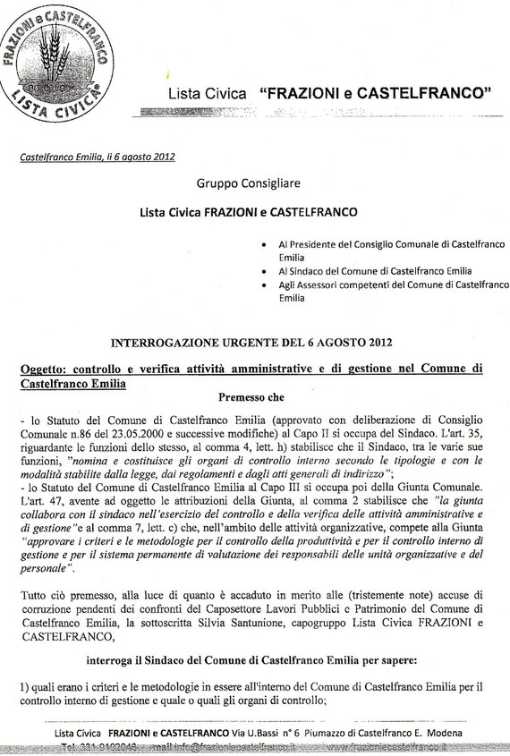 INTERROGAZIONE URGENTE DEL 6 AGOSTO 2012
