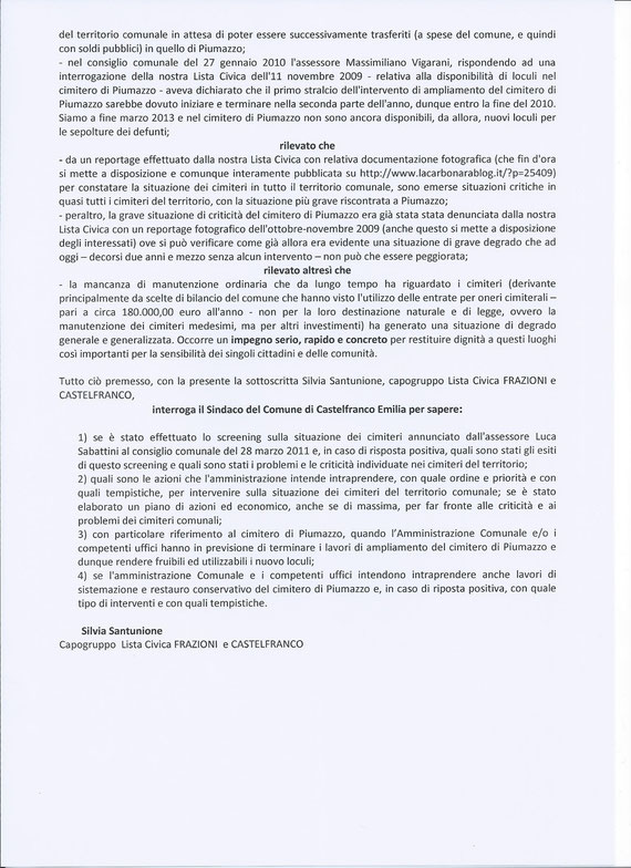 INTERROGAZIONE SUI CIMITERI