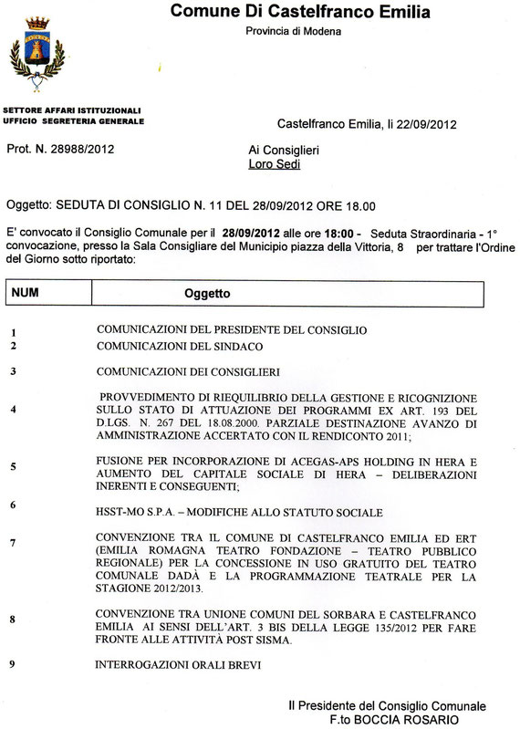 70 ° CONSIGLIO COMUNALE DEL 28 SETTEMBRE 2012