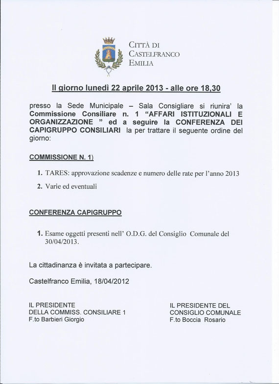 COMMISSIONE NR.1 DEL 22 APRILE 2013