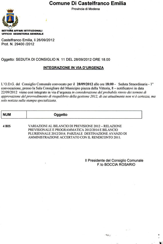 INTEGRAZIONE IN VIA D'URGENZA