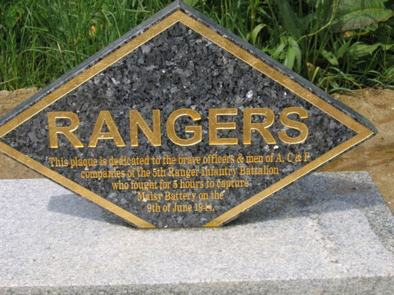 Memorial plaque to commemorate the 18 members of 2nd and 5th Rangers who were killed and wounded capturing it on the 9th of June 1944