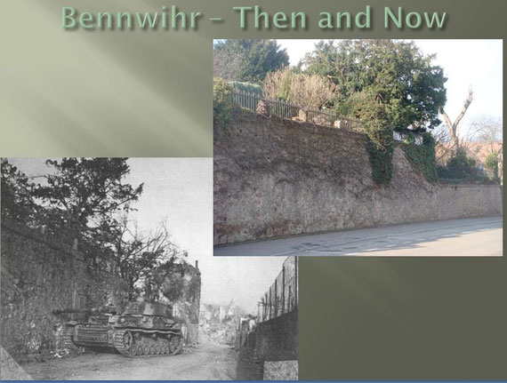 The same location today. This wall is called "the wall of the martyr" and was together with the statue known as "Monument aux morts dit Monument de la Fidélité à Bennwihr" the only things standing after the severe battle.
