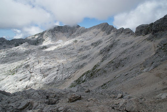 Nochmals der Blick zurück durch das weite Kar zum Kanin