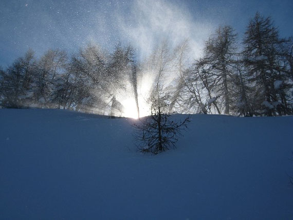 Aufgewirbelter Schnee glitzert in der Sonne