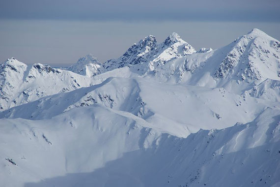 Vom Gipfel aus hat man ein herrliches Panorama, im Osten erheben sich die Karnischen Alpen mit Reiterkarspitze (weißer Doppelgipfel) und Zwölferspitz (höchster Berg in der Bildmitte)