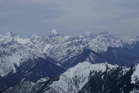 Das Panorama ist schon hier wunderschön; Blick zum Jalovec, Kotsattel und Mangart (Bildmitte)